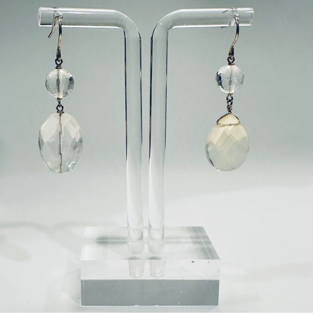 Handmade Double Crystals Clear Quartz Hook Earrings 14k gold Filled Teardrops 1”